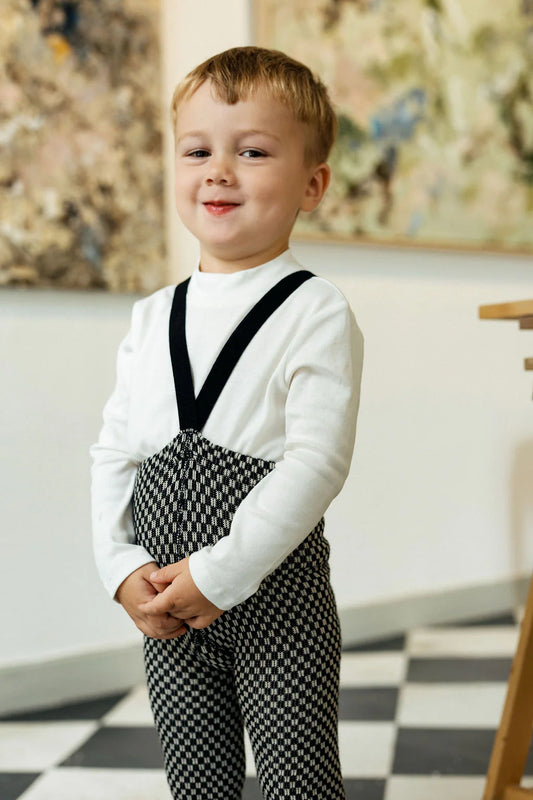 Strumpfhose mit Trägern und Fuß Black x White Checked