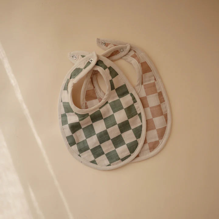 Muslin Bib Set Olive Check/Natural Check