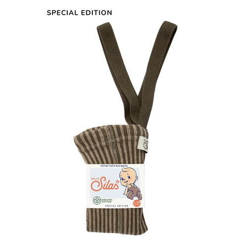 Strumpfhose mit Trägern und Fuß Seaweed Brown x Peanut Striped