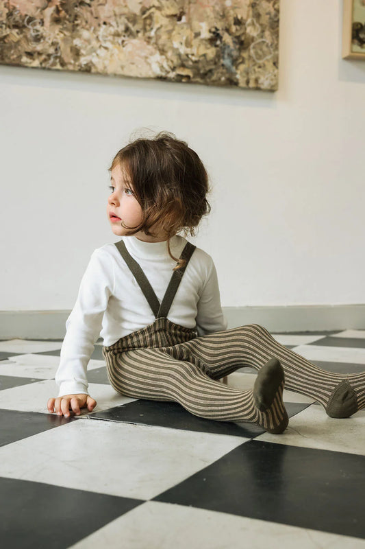 Strumpfhose mit Trägern und Fuß Seaweed Brown x Peanut Striped